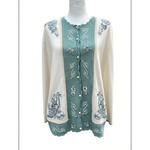 Koret Women Cardigan Sweater Size 1X Teal Cream Embroidered Beaded‎ 215N761